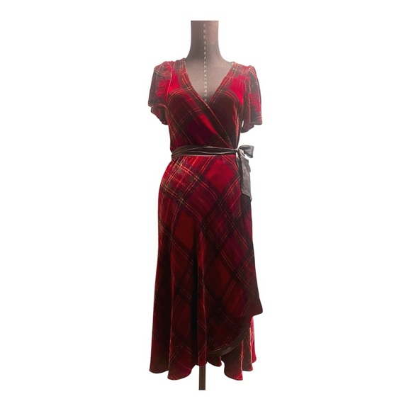 Vintage Betsey Johnson New York 90s red tartan plaid velvet wrap dress - Picture 1 of 8
